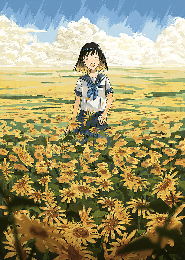 1girl :d agas_(vpwt7475) black_hair blonde_hair blue_sky closed_eyes clouds commentary field flower flower_field multicolored_hair open_mouth original school_uniform short_hair sky smile sunflower two-tone_hair