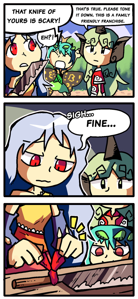 3girls 3koma antennae butterfly_wings cleaver comic commentary english eternity_larva green_hair horn knife komano_aunn multiple_girls red_eyes ribbon sakata_nemuno setz touhou wings