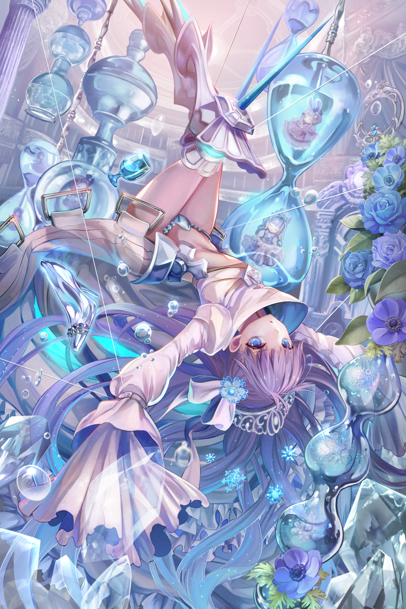1girl armor armored_boots bangs blue_eyes boots fate/grand_order fate_(series) flower hair_ribbon high_collar high_heels highres hourglass legs_together long_hair long_sleeves looking_at_viewer meltlilith navel parted_lips purple_hair ribbon sleeves_past_wrists spikes stomach tiara torino_akua upside-down very_long_hair white_ribbon wide_sleeves