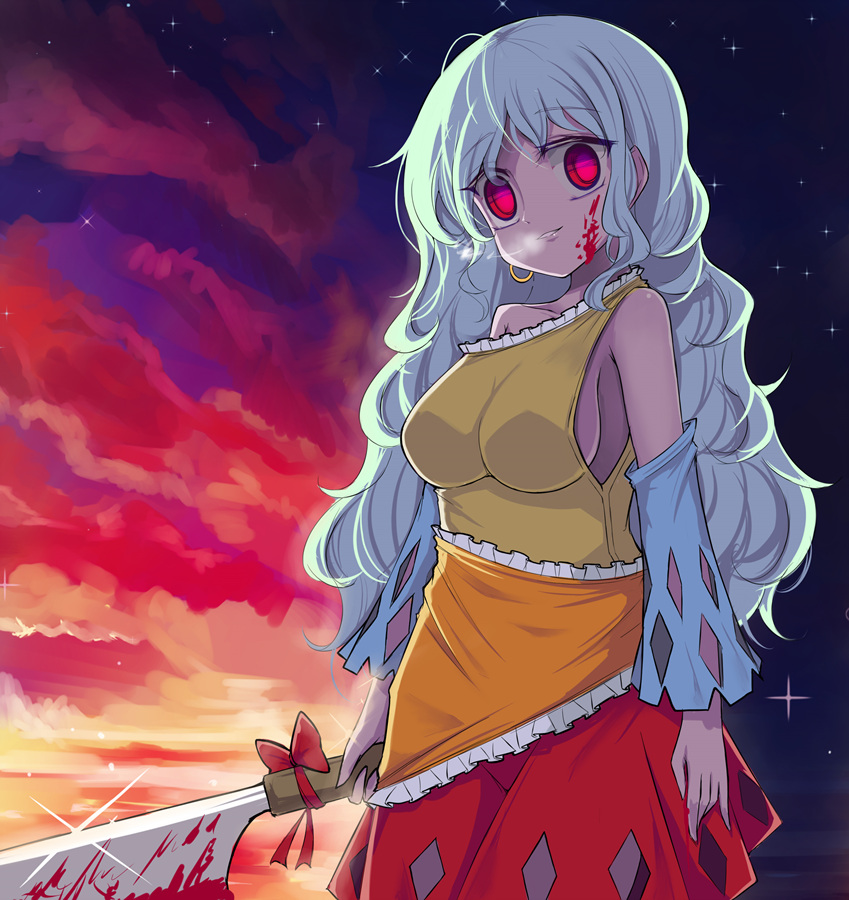 1girl blood blood_on_face bloody_weapon breasts cleaver heavy_breathing holding holding_weapon long_hair red_eyes ribbon sakata_nemuno silver_hair solo touhou very_long_hair vils weapon yandere yandere_trance