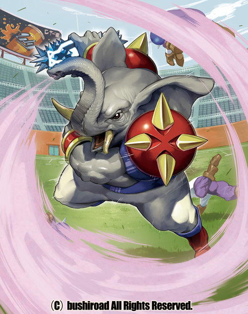 1boy boots cardfight!!_vanguard company_name elephant elephant_ears football_uniform full_body furry horns ishibashi_yosuke jumbo_the_stungun male_focus official_art open_mouth solo sportswear