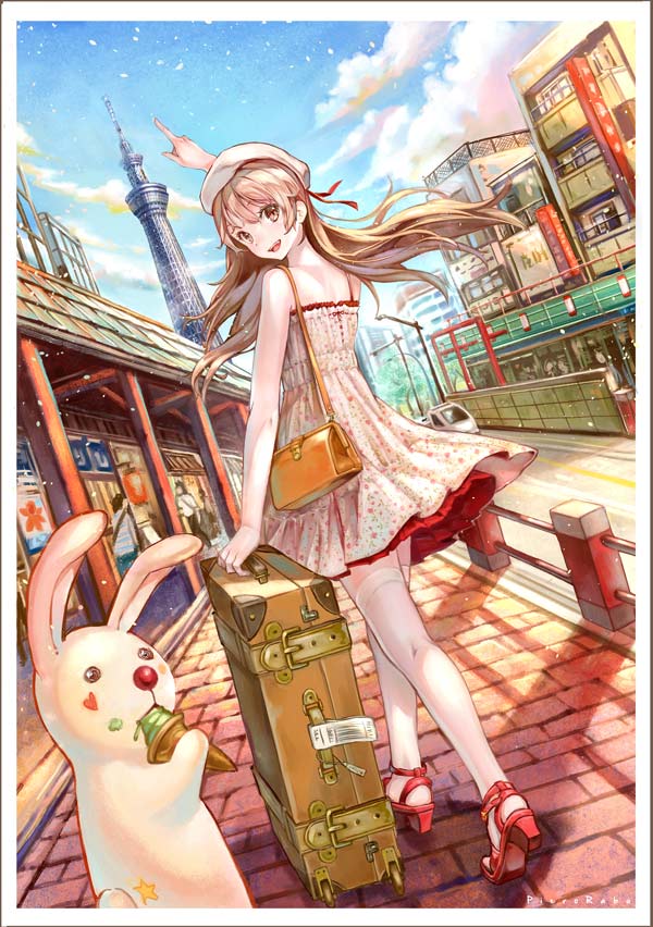 1girl bag beret brown_eyes brown_hair day dress dutch_angle eating food food_on_face gloves green_ice_cream hat heart high_heels holding ice_cream ice_cream_cone kooribata long_hair looking_at_viewer looking_back open_mouth original outdoors pavement pierorabu pointing rabbit sky solo star suitcase thigh-highs walking white_legwear