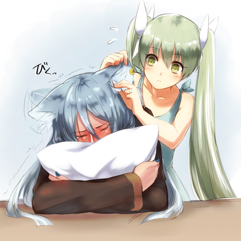 1boy 1girl afterimage animal_ears blue_dress blue_hair blue_nails blush cleaning closed_eyes dress ear_clip ear_grab ear_wiggle eargasm eyebrows_visible_through_hair flying_sweatdrops fox_ears frey_(rune_factory) green_hair hair_between_eyes hair_ribbon head_tilt jewelry leon_(rune_factory) long_hair long_sleeves looking_at_another motion_lines nail_polish niduca_(hio_touge) nose_blush parted_lips pillow pillow_hug ribbon ring rune_factory rune_factory_4 sketch sleeveless sleeveless_dress tears trembling twintails very_long_hair wedding_band white_ribbon