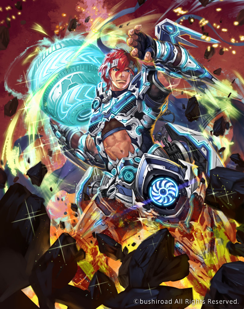 1boy abs armor armored_boots ball blue_eyes boots cardfight!!_vanguard company_name fire full_body gigantech_shot_putter headband hmk84 male_focus navel official_art redhead rock solo sparkle