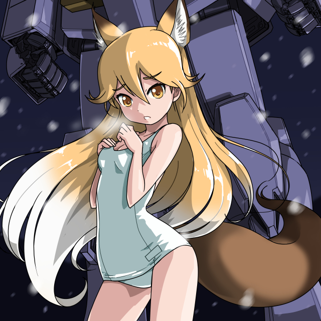 1girl animal_ears blonde_hair breasts contrapposto cowboy_shot crossover ezo_red_fox_(kemono_friends) fox_ears fox_tail gundam gundam_00 kemono_friends long_hair looking_at_viewer mecha mobile_suit_gundam rohitsuka rx-78-2 school_swimsuit small_breasts swimsuit tail white_school_swimsuit white_swimsuit
