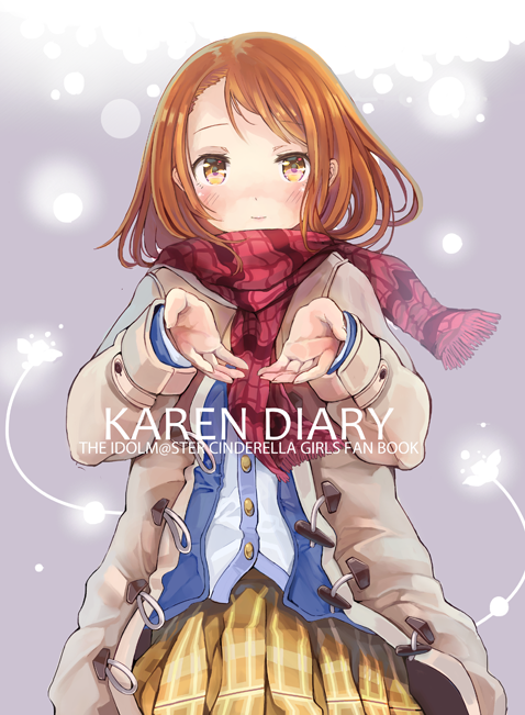 1girl alternate_costume blush brown_eyes brown_hair cover cover_page doujin_cover heri houjou_karen idolmaster idolmaster_cinderella_girls long_hair looking_at_viewer outstretched_hand plaid plaid_skirt red_scarf scarf skirt smile solo standing winter_clothes