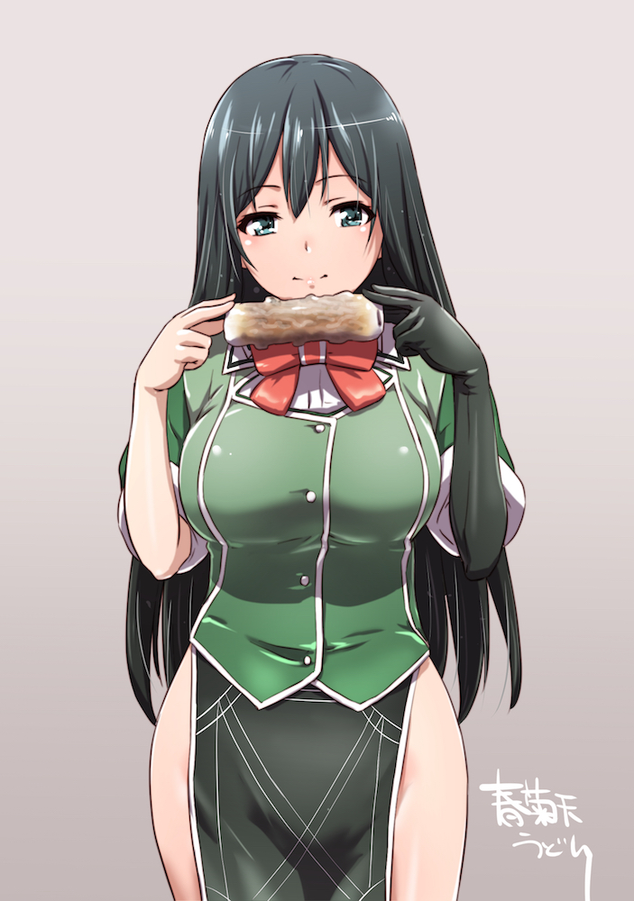 1girl artist_name black_gloves black_hair chikuma_(kantai_collection) chikuwa cowboy_shot elbow_gloves facing_viewer food gloves gradient gradient_background green_eyes kantai_collection long_hair pelvic_curtain puffy_short_sleeves puffy_sleeves pun remodel_(kantai_collection) short_sleeves shungikuten single_glove smile solo standing