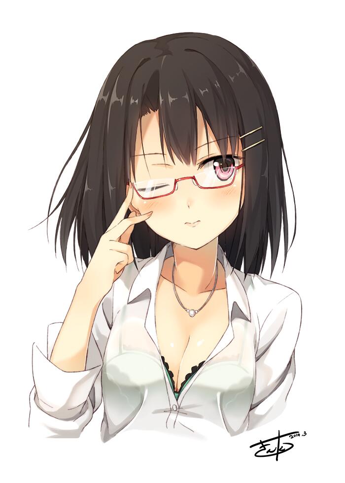 1girl 3; adjusting_glasses bangs black_hair blush bra closed_mouth dress_shirt eyebrows_visible_through_hair glasses green_bra hair_ornament hairclip kinta_(distortion) lace lace-trimmed_bra long_hair one_eye_closed original pink_eyes red_glasses see-through semi-rimless_glasses shirt simple_background solo under-rim_glasses underwear upper_body white_background white_shirt wing_collar