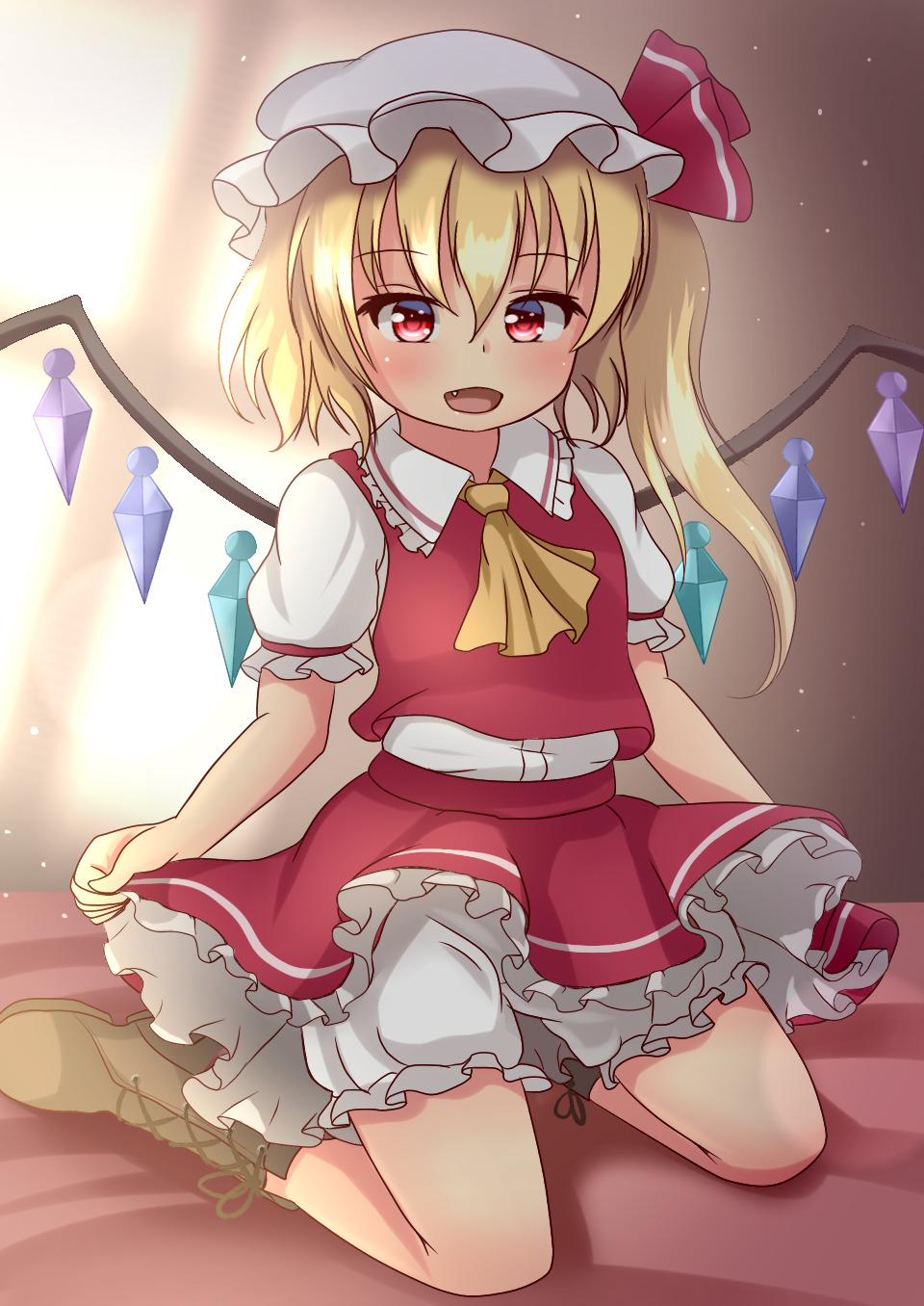 1girl :d blonde_hair bloomers boots cross-laced_footwear fang flandre_scarlet frilled_skirt frills hat highres hotel01 mob_cap open_mouth puffy_short_sleeves puffy_sleeves red_eyes short_hair short_sleeves side_ponytail sitting skirt skirt_hold smile touhou underwear vest wings