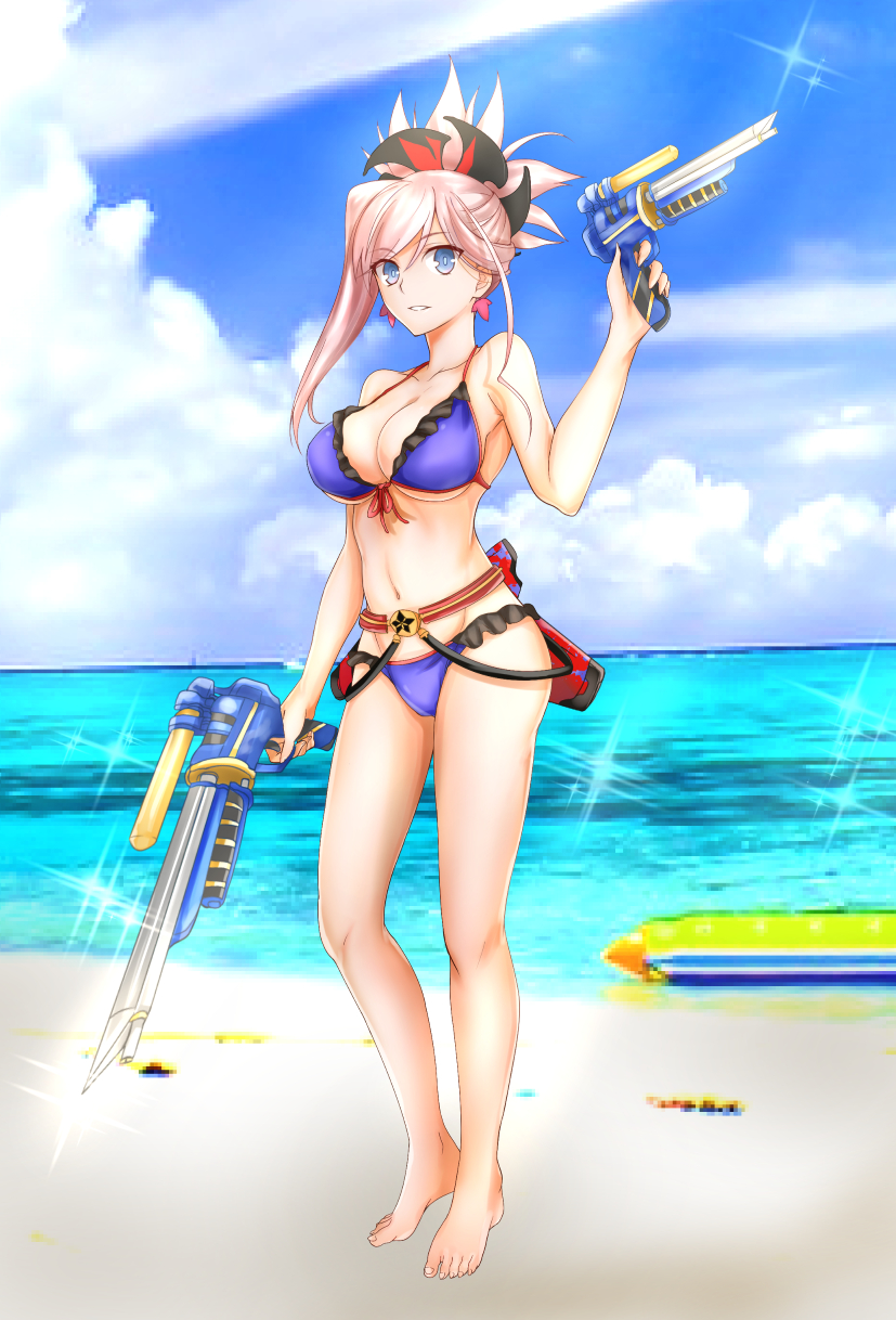 1girl adapted_costume armpits bare_arms bare_legs bare_shoulders barefoot bikini blue_bikini blue_eyes blue_sky breasts censored clouds collarbone day dual_wielding earrings fate/grand_order fate_(series) frilled_bikini frills front-tie_bikini front-tie_top full_body groin gun hair_ornament halter_top halterneck highres holding holding_gun holding_weapon jewelry large_breasts looking_at_viewer miyamoto_musashi_(fate/grand_order) mosaic_censoring nagishy navel outdoors parted_lips pink_hair ponytail sky smile solo standing stomach swimsuit water_gun weapon