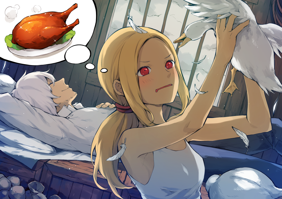 1boy 1girl aquariumtama beard bird blonde_hair blush dark_skin drooling duck facial_hair food gravity_daze kitten_(gravity_daze) long_hair open_mouth red_eyes short_hair syd_(gravity_daze) white_hair