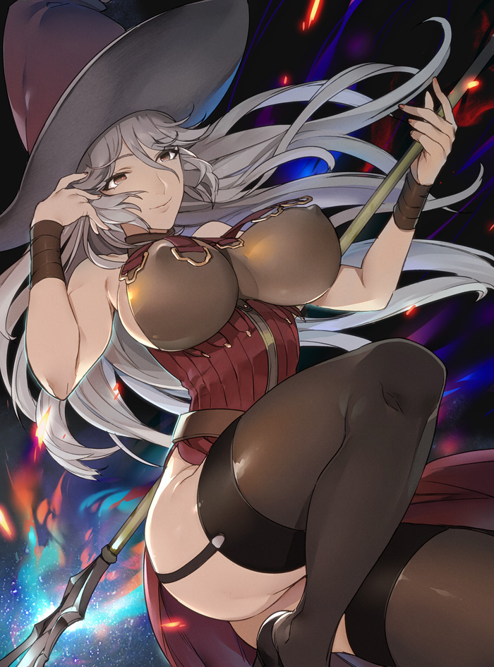 1girl adjusting_hair bare_shoulders black_legwear breasts brown_eyes commentary_request curvy dress erect_nipples garter_straps granblue_fantasy hat holding large_breasts leg_up long_hair magisa_(granblue_fantasy) mikurou_(nayuta) no_panties ribbed_dress side_slit sideboob silver_hair smile solo staff thigh-highs thighs wide_hips witch_hat