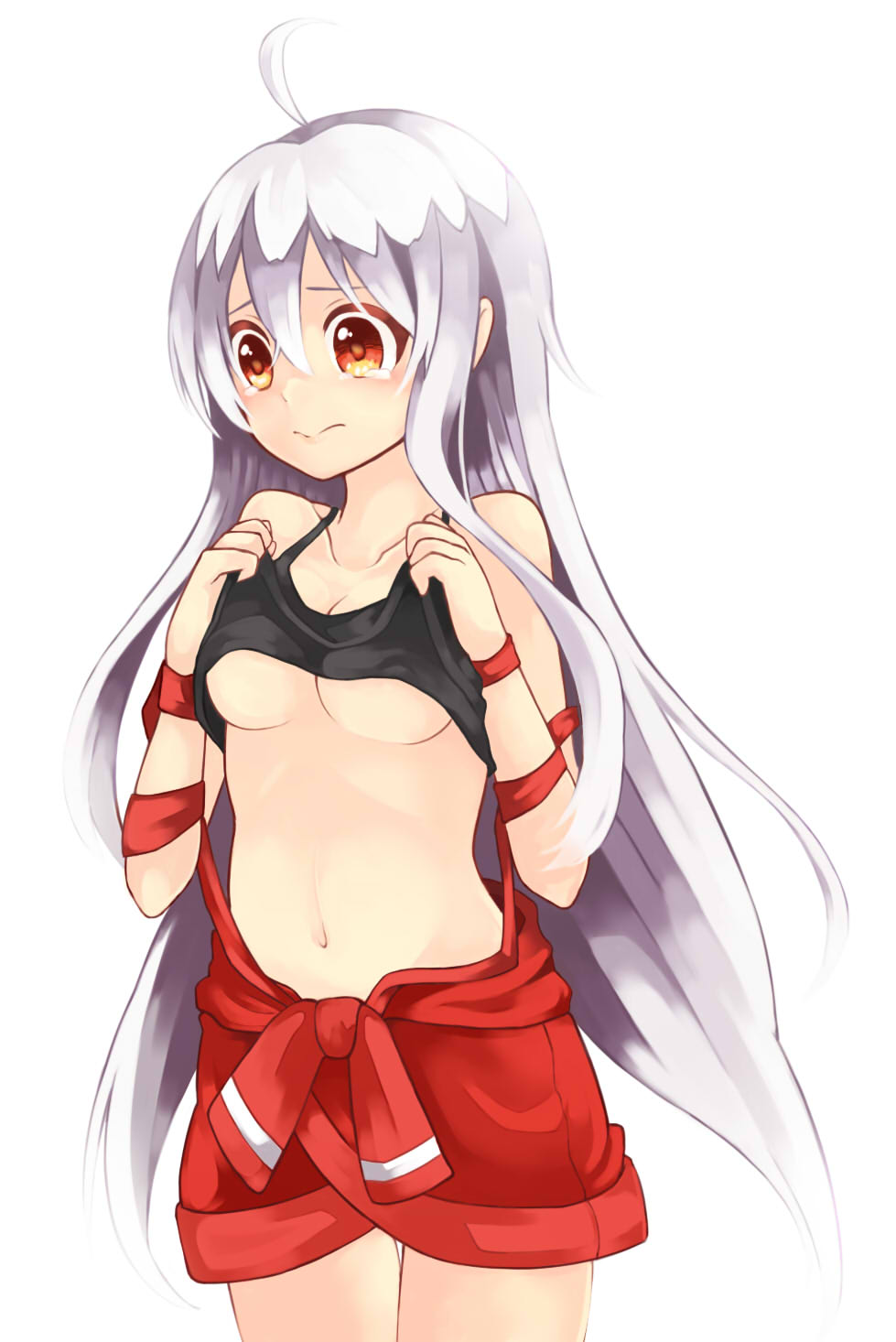 1girl 3: ahoge bangs bare_shoulders belly black_shirt breasts chiya_(urara_meirochou) cleavage closed_mouth collarbone commentary cowboy_shot hair_between_eyes highres lifted_by_self long_hair looking_at_viewer medium_breasts nankaidools navel no_bra orange_eyes red_shorts shirt shirt_lift shorts sidelocks silver_hair simple_background solo standing stomach tank_top tearing_up tears under_boob urara_meirochou very_long_hair white_background