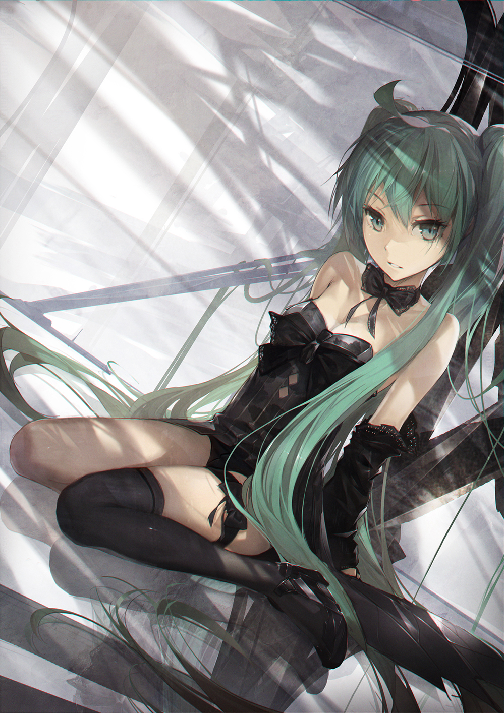 1girl black_legwear black_shoes breasts detached_sleeves dutch_angle green_eyes green_hair hatsune_miku highres kieed long_hair parted_lips reflection revision shoes single_thighhigh sitting small_breasts solo thigh-highs twintails very_long_hair vocaloid wariza