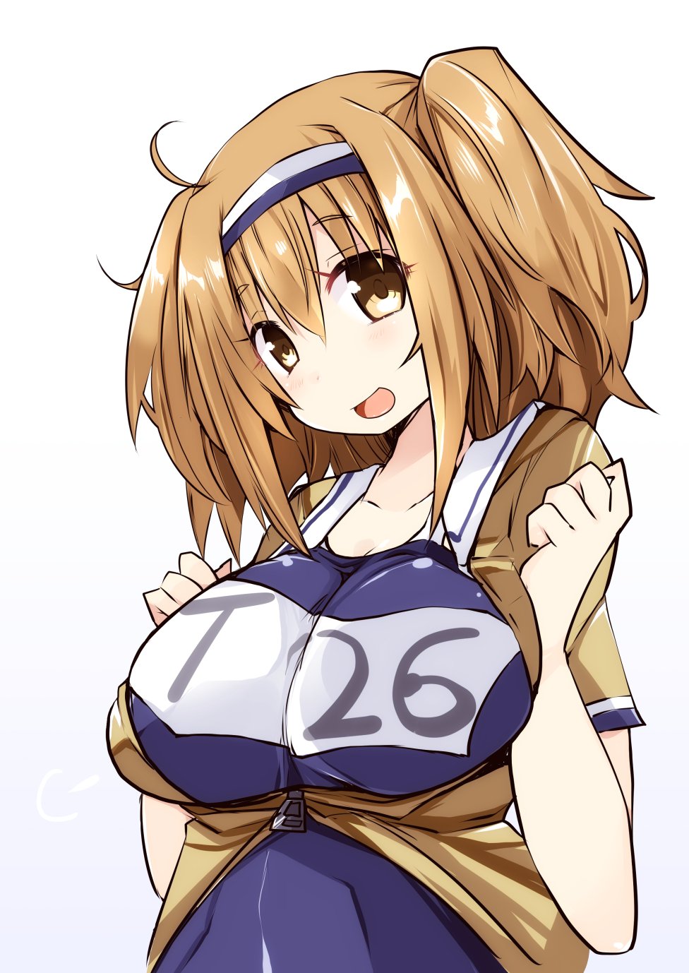 1girl breast_squeeze breasts collarbone commentary_request hairband highres i-26_(kantai_collection) kantai_collection large_breasts light_brown_eyes light_brown_hair long_hair looking_at_viewer name_tag new_school_swimsuit open_clothes open_mouth sailor_collar school_swimsuit shirogane_(platinum) short_sleeves smile solo swimsuit swimsuit_under_clothes two-tone_hairband two_side_up white_background zipper