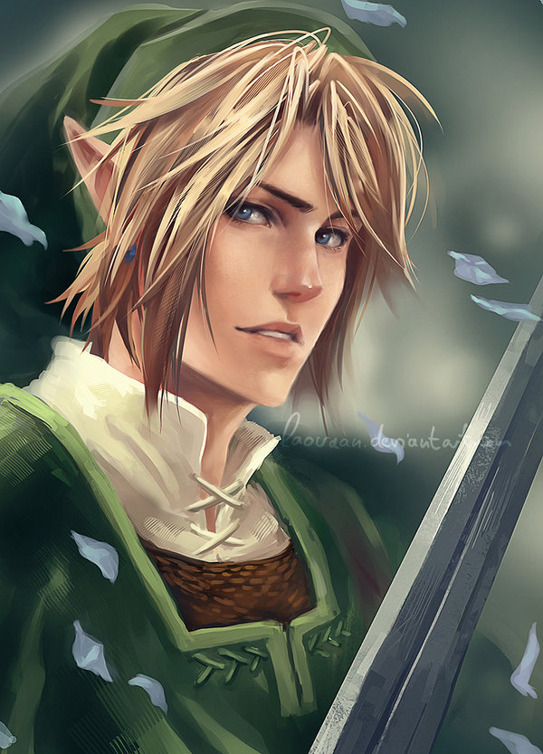 1boy blonde_hair blue_eyes chainmail commentary earrings hat jewelry laovaan leaf link lips male_focus nose realistic resized revision solo sword the_legend_of_zelda the_legend_of_zelda:_twilight_princess tunic watermark weapon web_address