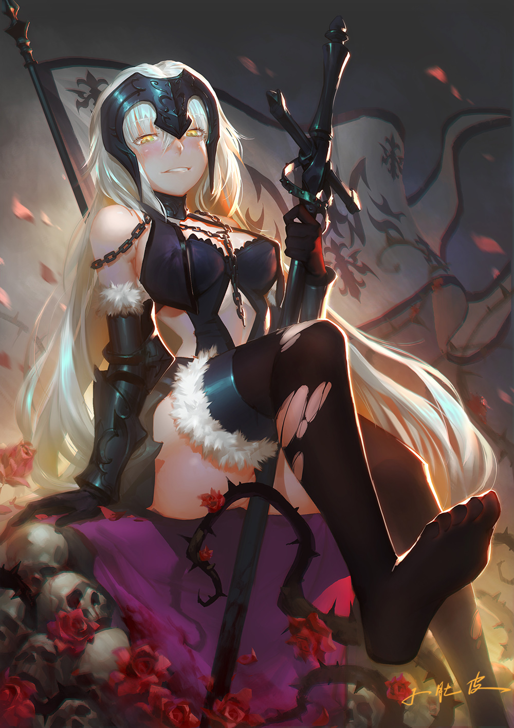 1girl armor armored_dress bare_shoulders between_legs black_gloves black_legwear blonde_hair blood bloody_weapon blush capelet chains commentary_request elbow_gloves evil_grin evil_smile fate/grand_order fate_(series) feet flag flower fur-trimmed_legwear fur-trimmed_sleeves fur_trim gauntlets gloves grin headpiece highres holding holding_sword holding_weapon jeanne_alter long_hair looking_at_viewer looking_down no_shoes open_mouth petals red_rose rose ruler_(fate/apocrypha) sitting skull smile solo sword thigh-highs thighs thorns toes torn_clothes torn_thighhighs very_long_hair weapon xiao_duzi yellow_eyes