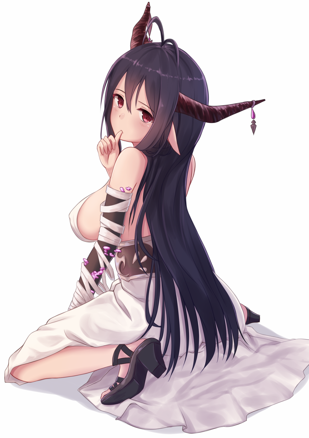 1girl bandage black_hair black_shoes blush breasts closed_mouth danua doraf dress from_behind full_body granblue_fantasy hair_between_eyes high_heels highres horns itachi_kanade kneeling large_breasts long_hair looking_at_viewer open-back_dress pointy_ears red_eyes shoes sideboob simple_background solo thumb_sucking white_background white_dress