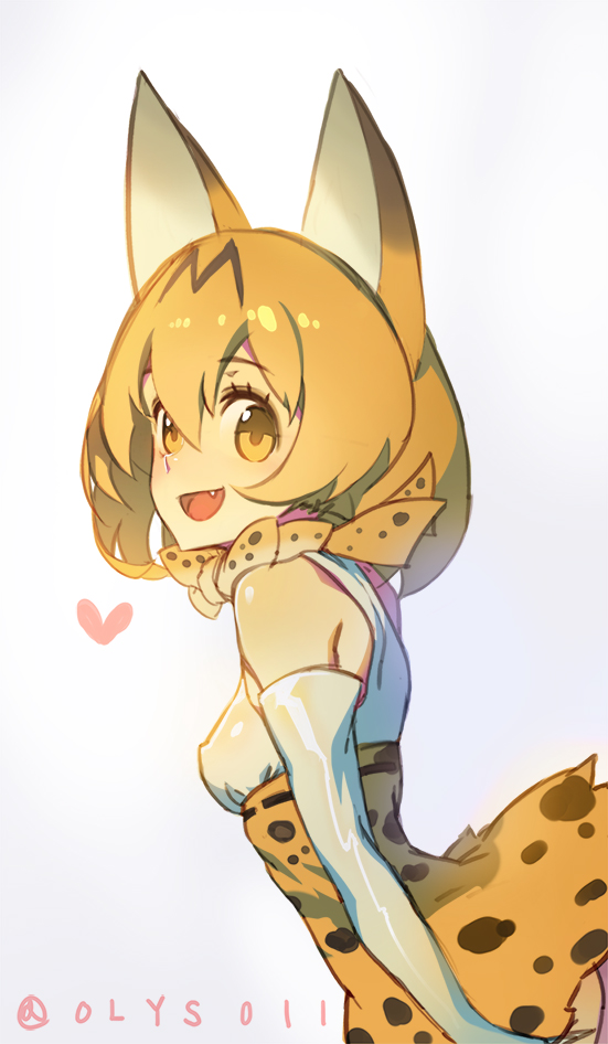 1girl :d animal_ears arm_at_side bare_shoulders blonde_hair bow bowtie breasts cowboy_shot elbow_gloves erect_nipples eyebrows_visible_through_hair eyelashes fang from_side gloves hair_between_eyes heart high-waist_skirt kemono_friends looking_at_viewer looking_to_the_side multicolored multicolored_clothes multicolored_skirt olys open_mouth serval_(kemono_friends) serval_ears serval_print shirt short_hair simple_background skirt sleeveless sleeveless_shirt small_breasts smile solo standing tareme twitter_username upper_body white_background white_gloves white_shirt yellow_eyes