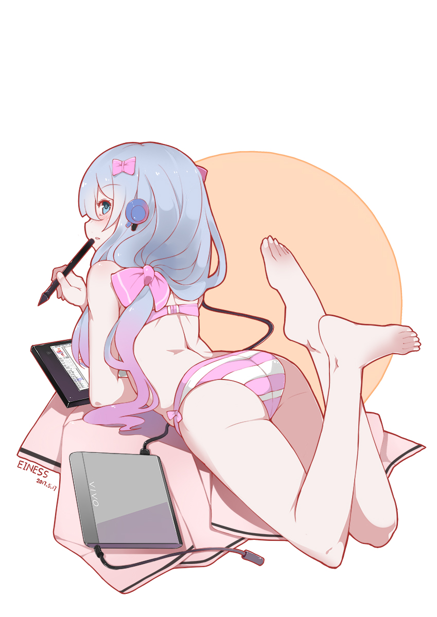 1girl artist_name ass bangs bare_legs barefoot blue_eyes blue_hair blush bow bow_panties bra computer dated einess eromanga_sensei eyebrows_visible_through_hair feet gradient_hair hair_bow headphones headset highres izumi_sagiri laptop legs long_hair looking_back lying multicolored_hair on_stomach panties parted_lips pink_bow pink_bra pink_hair pink_panties simple_background solo striped striped_panties stylus tablet thighs underwear underwear_only vaio white_background white_panties