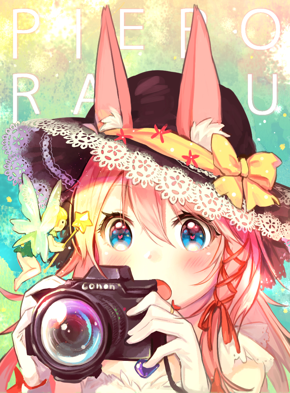 2girls :o animal_ears artist_name bangs black_hat blonde_hair blue_eyes blush camera canon_(company) fairy hair_between_eyes hair_ribbon hat heart heart-shaped_pupils highres holding holding_camera long_hair looking_at_another multiple_girls open_mouth original pierorabu pink_hair rabbit_ears red_ribbon ribbon solo_focus sun_hat symbol-shaped_pupils tareme upper_body wings