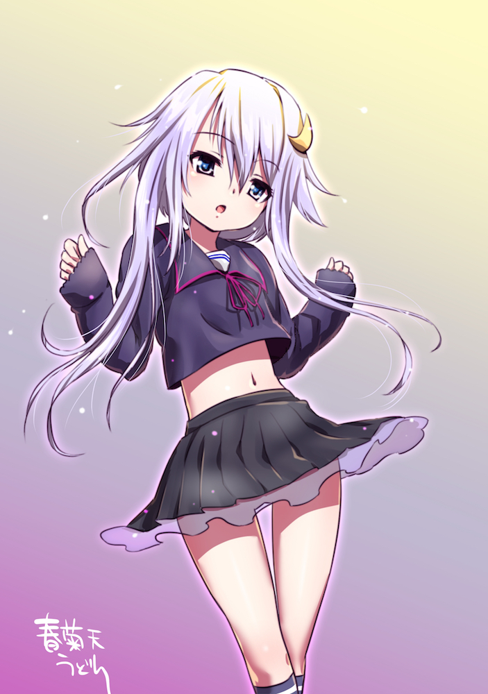 1girl black_serafuku black_skirt blue_eyes chestnut_mouth cowboy_shot crescent crescent_hair_ornament gradient gradient_background hair_ornament kantai_collection long_sleeves looking_at_viewer midriff pleated_skirt purple_hair school_uniform serafuku short_hair short_hair_with_long_locks shungikuten skirt solo standing yayoi_(kantai_collection)