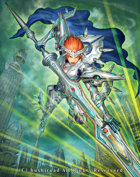 1boy armor armored_boots boots cape cardfight!!_vanguard company_name gloves ikeda_(cpt) knight_of_persistence_fulgenius lance male_focus official_art open_mouth orange_eyes orange_hair polearm sky solo spiky_hair teeth weapon