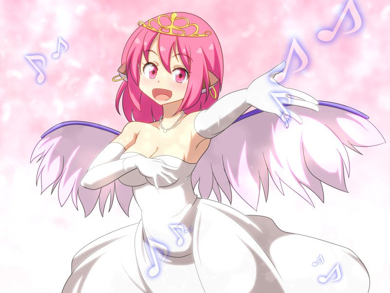 1girl :d animal_ears armpits bare_shoulders breasts cato_(monocatienus) cleavage commentary dress earrings elbow_gloves eyebrows_visible_through_hair feathered_wings gloves happy hoop_earrings jewelry looking_at_viewer medium_breasts musical_note mystia_lorelei necklace open_mouth outstretched_arm pearl_necklace pink_eyes pink_hair short_hair smile solo strapless strapless_dress tiara touhou wedding_dress white_dress white_gloves wings