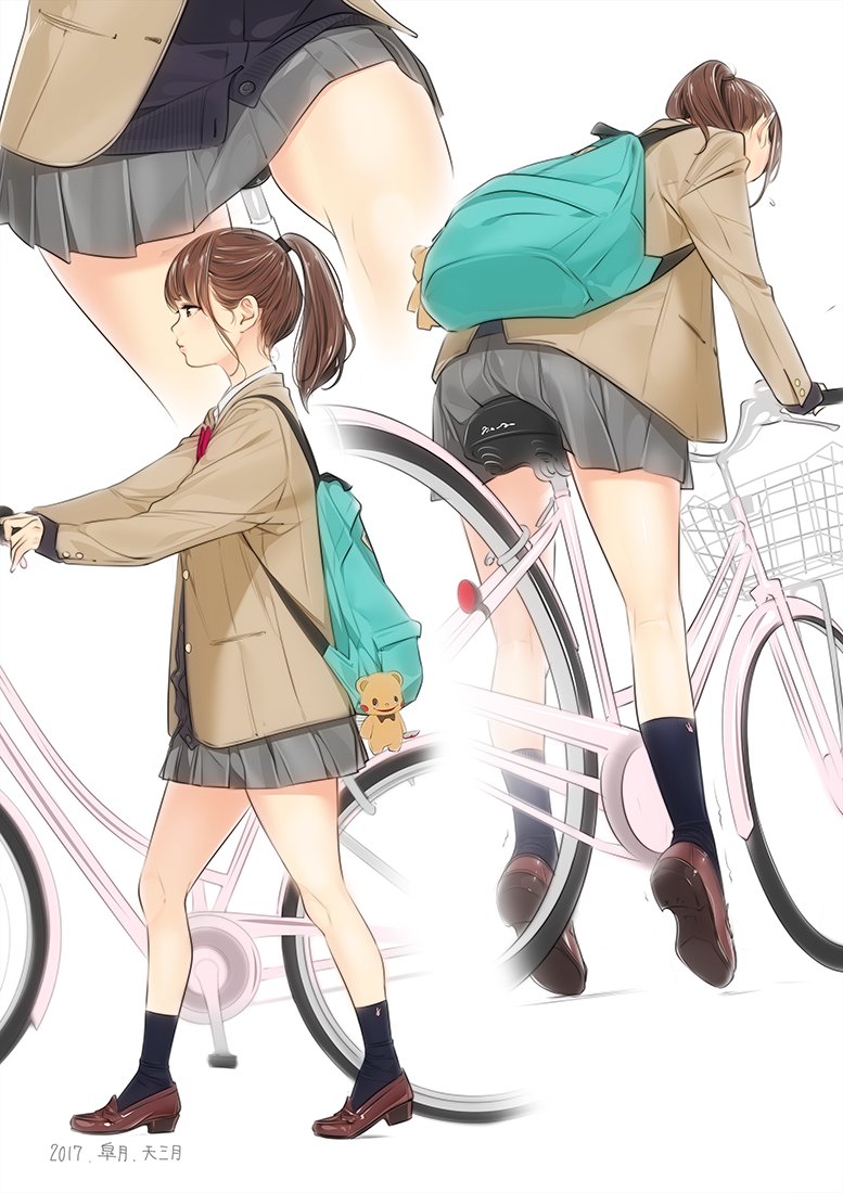 1girl ama_mitsuki artist_name bending_forward bicycle black_legwear blazer brown_footwear brown_hair cardigan contemporary dated from_behind from_below from_side full_body grey_skirt ground_vehicle jacket looking_away miniskirt multiple_views original pleated_skirt ponytail riding_bike simple_background sitting skirt soles standing thighs white_background