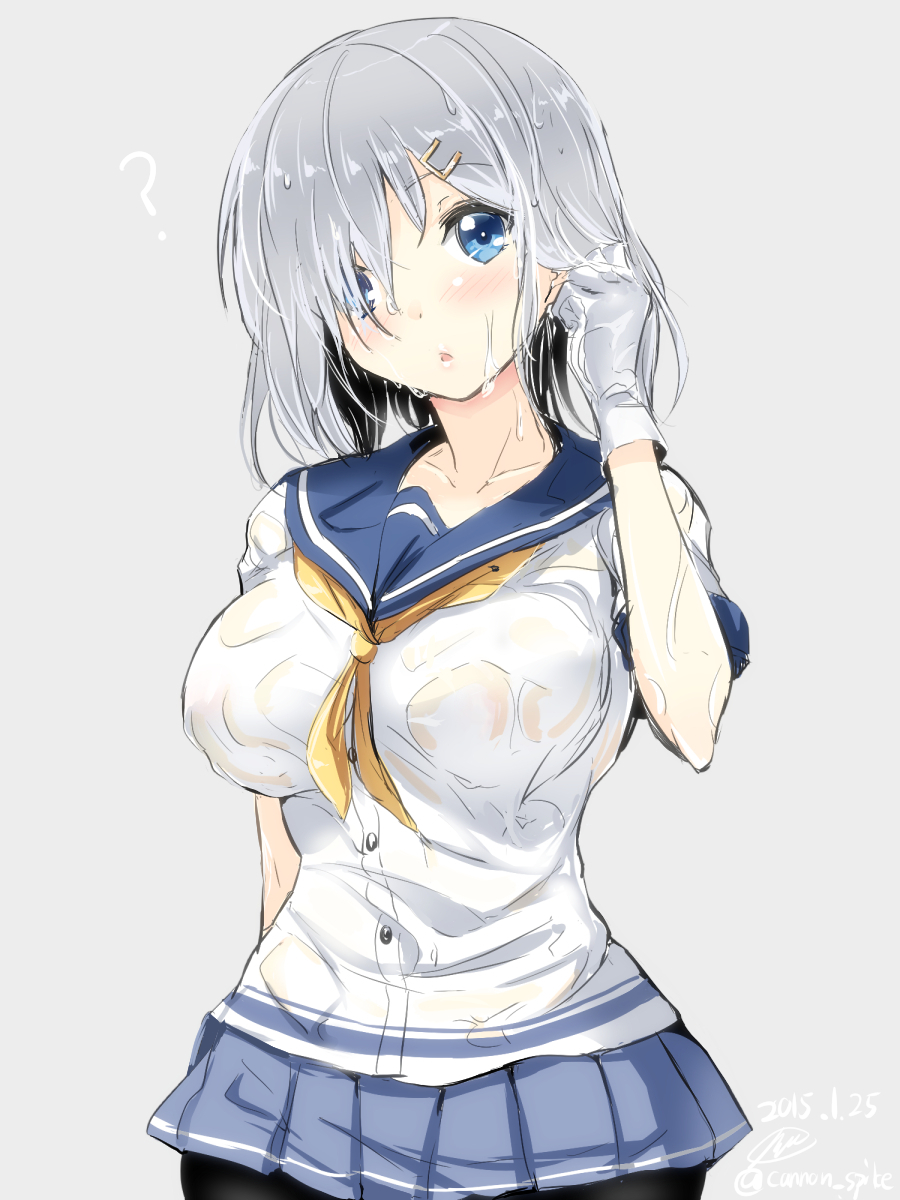 1girl ? adjusting_hair blue_eyes blue_skirt blush breasts commentary_request dated gin'ichi_(akacia) gloves grey_background hair_ornament hair_over_one_eye hairclip hamakaze_(kantai_collection) highres kantai_collection large_breasts pantyhose school_uniform serafuku silver_hair simple_background skirt solo wet wet_clothes
