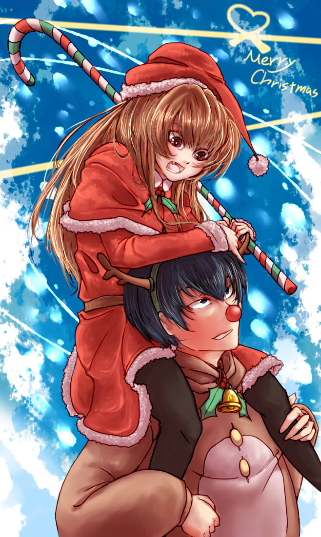 1boy 1girl aisaka_taiga animal_costume antlers black_hair blue_eyes brown_eyes brown_hair candy candy_cane capelet carrying christmas commentary_request couple fang food hat long_hair mao_wan_(pixiv9309504) merry_christmas red_nose reindeer_antlers reindeer_costume santa_costume santa_hat shoulder_carry takasu_ryuuji toradora!