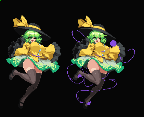 1girl ;d black_legwear blouse blush bouncing_breasts breasts curvy eyeball full_body green_eyes green_hair hat hips komeiji_koishi large_breasts legs looking_at_viewer lowres mary_janes no_panties one_eye_closed open_mouth pixel_art shoes skirt smile standing standing_on_one_leg takorin thigh-highs thighs third_eye touhou wide_hips