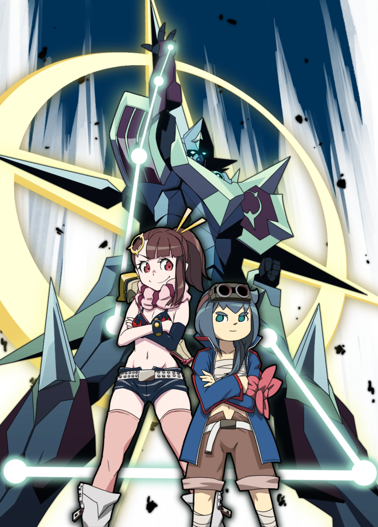 2girls belt bikini_top blue_hair boots commentary_request constanze_amalie_von_braunschbank-albrechtsberger cosplay creator_connection crossed_arms gloves goggles goggles_on_head grand_charion green_eyes hair_ornament kagari_atsuko little_witch_academia mecha multiple_girls pink_legwear ponytail sarashi scarf shiny_rod short_hair short_shorts shorts simon simon_(cosplay) single_glove studded_belt studded_bracelet tengen_toppa_gurren_lagann thigh-highs trigger_(company) uganda yoko_littner yoko_littner_(cosplay) zettai_ryouiki