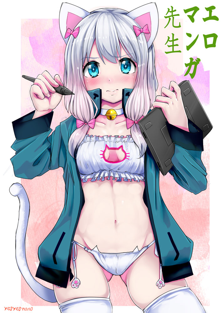 1girl 3: animal_ears bell blue_eyes blush bra breasts cat_cutout cat_ear_panties cat_ears cat_lingerie cat_tail choker cleavage cleavage_cutout closed_mouth embarrassed eromanga_sensei gradient_hair izumi_sagiri jacket looking_at_viewer meme_attire multicolored_hair navel nobusaga41 open_clothes open_jacket panties pink_hair side-tie_panties silver_hair solo stylus tablet_pc tail thigh-highs underwear white_bra white_legwear white_panties