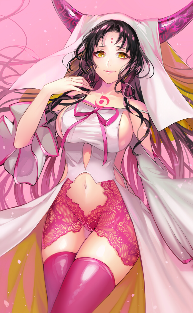 1girl bare_shoulders black_hair blush breasts closed_mouth cowboy_shot detached_sleeves facial_mark fate/extra fate/extra_ccc fate_(series) forehead_mark horns lace large_breasts long_hair long_sleeves looking_at_viewer matsurika_youko navel panties pink_legwear pink_panties sesshouin_kiara sideboob smile solo stomach thigh-highs underwear veil very_long_hair wide_sleeves yellow_eyes