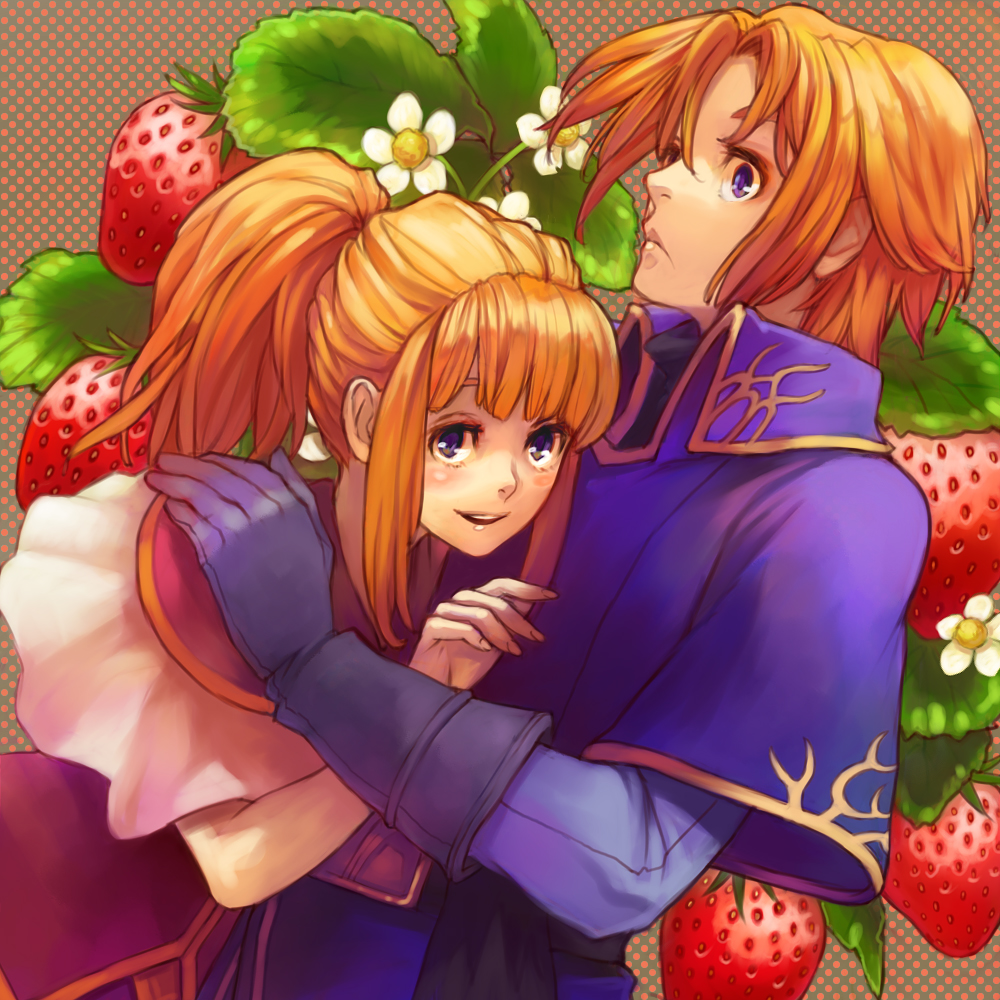 1boy 1girl blonde_hair bonjour brother_and_sister capelet clarine dutch_angle fire_emblem fire_emblem:_fuuin_no_tsurugi food fruit gloves hair_between_eyes hug klein_(fire_emblem) long_hair long_sleeves looking_at_viewer open_mouth polka_dot polka_dot_background ponytail profile robe short_hair siblings sidelocks smile strawberry upper_body violet_eyes