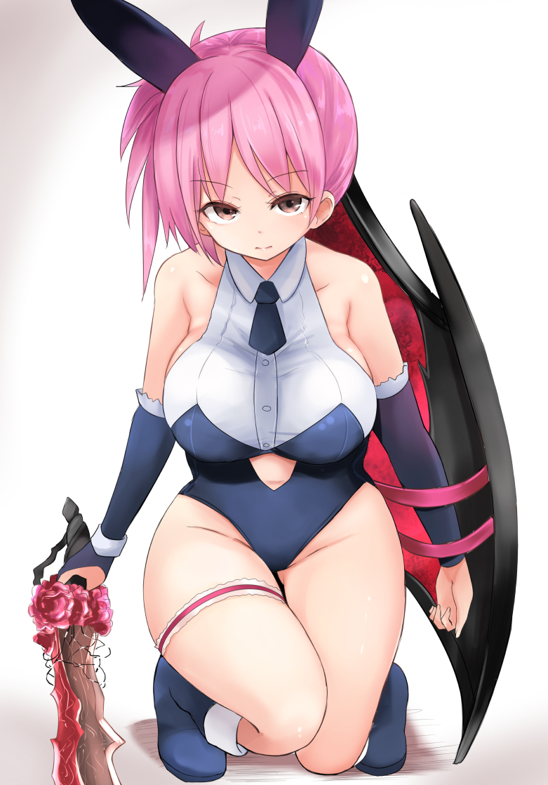 1girl animal_ears bangs blue_leotard breasts bunnysuit closed_mouth eyebrows_visible_through_hair fantasy_earth_zero holding holding_shield holding_sword holding_weapon kneeling large_breasts leg_garter leotard looking_at_viewer necktie neneru pink_hair rabbit_ears shadow shield solo sword thighs weapon white_background