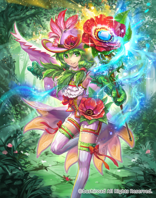 1girl anemone_musketeer_susanna cape cardfight!!_vanguard company_name flower gem gloves green_eyes green_hair hat hmk84 leaf low_twintails official_art solo sparkle staff thigh-highs tree twintails upper_body