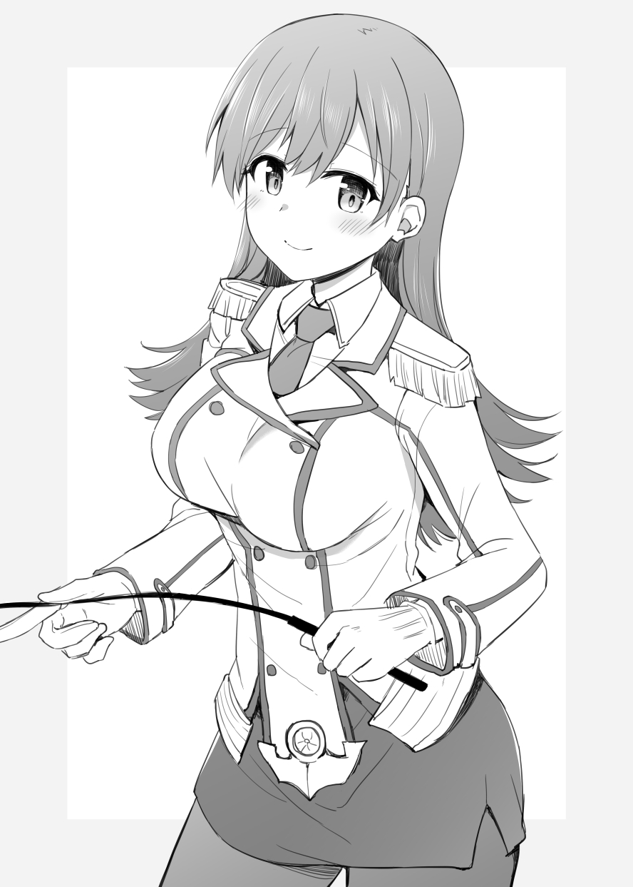 1girl breasts cosplay double-breasted epaulettes greyscale highres jacket kantai_collection katori_(kantai_collection) katori_(kantai_collection)_(cosplay) large_breasts long_hair long_sleeves military military_uniform miniskirt monochrome necktie ooi_(kantai_collection) pantyhose pencil_skirt rui_shi_(rayze_ray) shirt skirt smile solo uniform