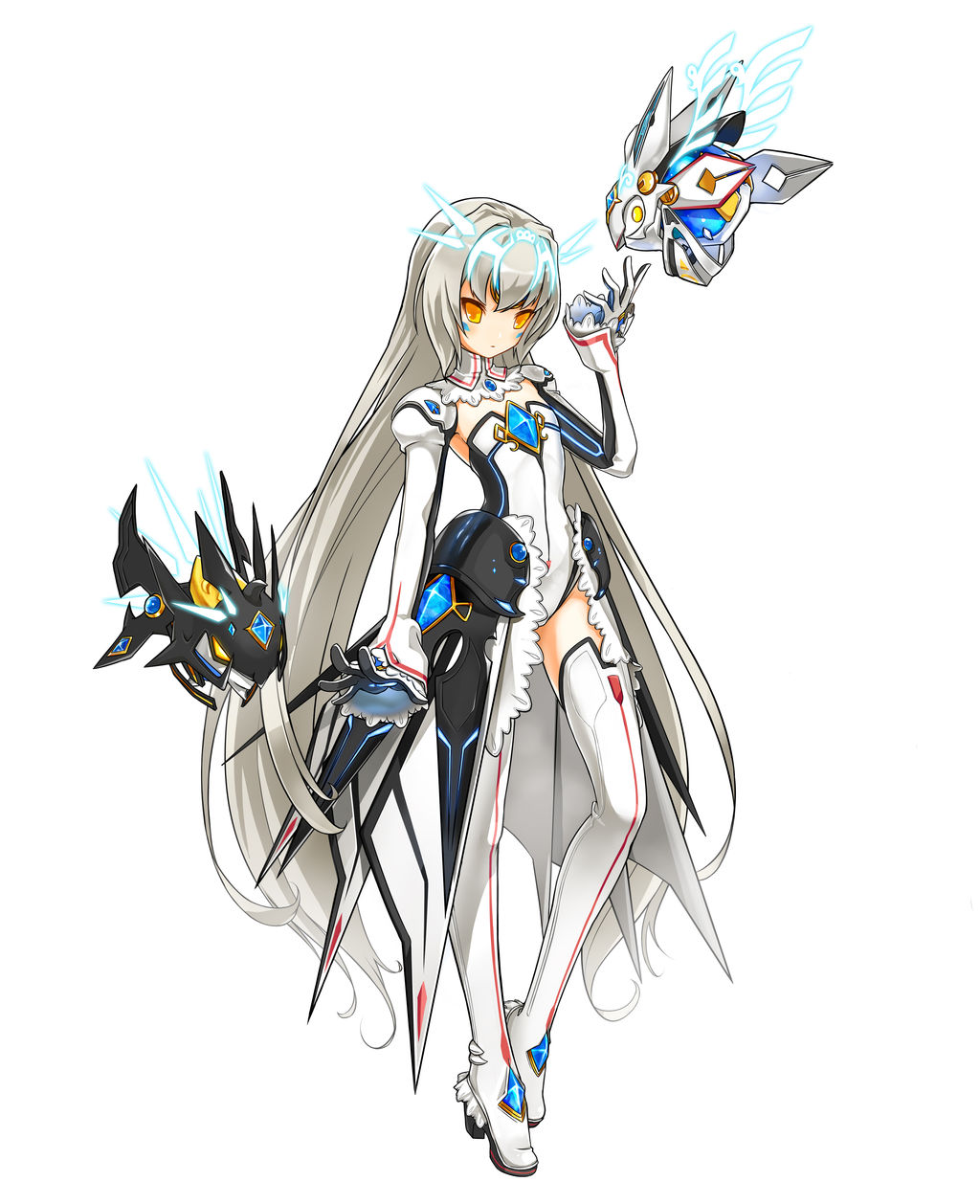 1girl absurdly_long_hair boots choker code:_battle_seraph_(elsword) detached_sleeves elsword eve_(elsword) full_body gloves high_heel_boots high_heels highres jpeg_artifacts leotard long_hair silver_hair simple_background solo standing strapless strapless_leotard thigh-highs thigh_boots very_long_hair white_background white_boots white_leotard yellow_eyes