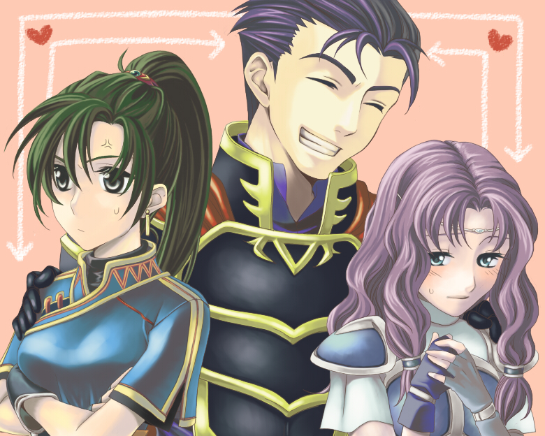 1boy 2girls anger_vein aqua_eyes armor blue_hair blush breastplate breasts cape circlet closed_eyes crossed_arms directional_arrow doroimo dress earrings embarrassed fingerless_gloves fire_emblem fire_emblem:_rekka_no_ken florina gloves green_eyes green_hair grin hair_between_eyes hand_on_another's_shoulder hands_on_own_chest hands_together heart hector_(fire_emblem) jealous jewelry lavender_hair long_hair looking_down lyndis_(fire_emblem) multiple_girls pink_background ponytail short_sleeves smile sweatdrop upper_body
