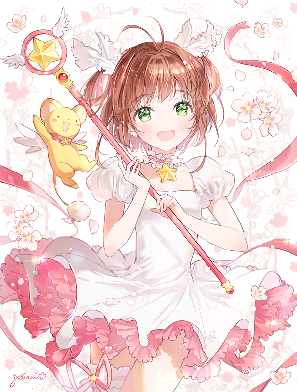 1girl antenna_hair blush brown_hair card card_captor_sakura green_eyes hoshi_no_tsue kero kinomoto_sakura looking_at_viewer magical_girl open_mouth short_hair smile star_choker wand wings