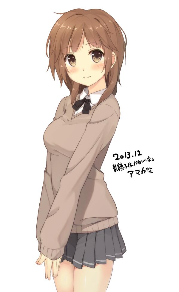 1girl amagami bangs blush breasts brown_eyes brown_hair character_name closed_mouth copyright_name cowboy_shot dated eyebrows_visible_through_hair fingers_together grey_skirt kinta_(distortion) light_smile looking_at_viewer medium_breasts own_hands_together pleated_skirt sakurai_rihoko simple_background skirt smile solo sweater white_background