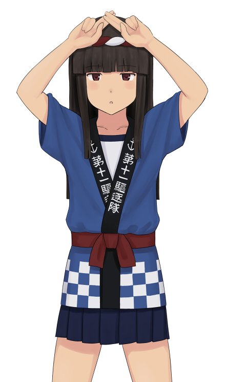 1girl :o anchor_symbol arms_up bangs blunt_bangs blush brown_eyes brown_hair checkered clothes_writing collarbone commentary_request cosplay expressionless eyebrows_visible_through_hair fubuki_(kantai_collection) fubuki_(kantai_collection)_(cosplay) fuyube_gin_(huyube) hachimaki happi hatsuyuki_(kantai_collection) headband japanese_clothes kantai_collection legs_apart long_hair looking_at_viewer nejiri_hachimaki open_mouth pleated_skirt pose red_ribbon ribbon sash short_sleeves sidelocks simple_background skirt solo straight_hair thighs translated white_background