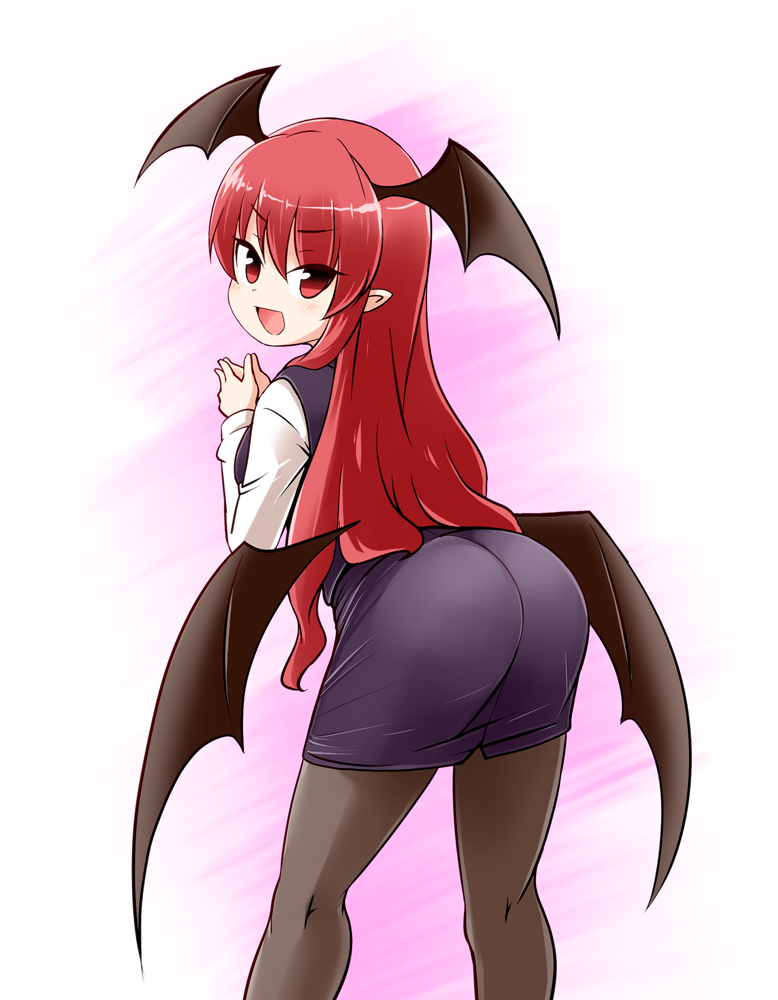 1girl :d ass bat_wings black_legwear blush dress_shirt head_wings koakuma kousei_(public_planet) long_hair long_sleeves looking_at_viewer looking_back necktie open_mouth pantyhose pencil_skirt pointy_ears red_necktie redhead shirt skirt smile solo touhou vest white_shirt wings