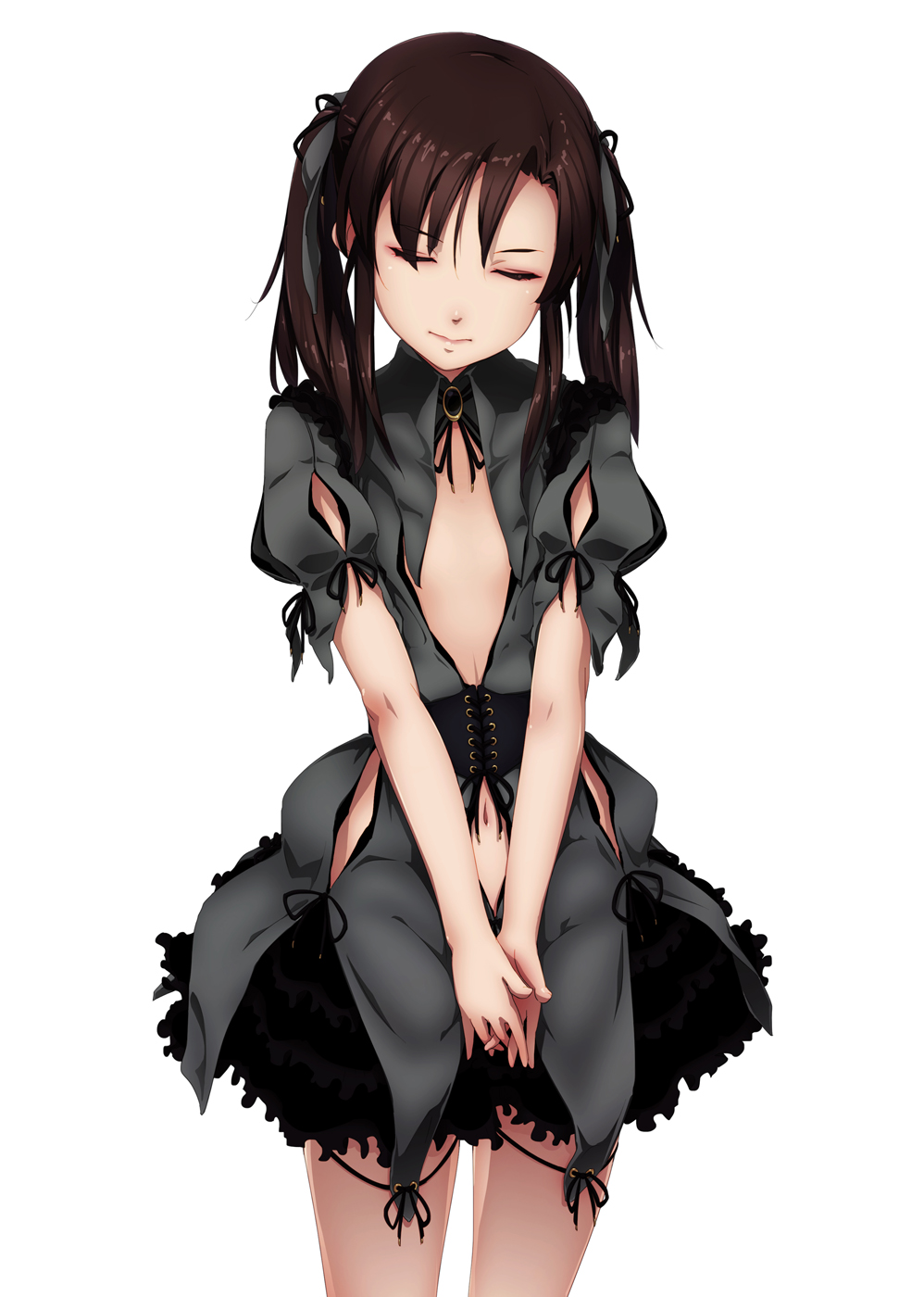 1girl 4690_(tkpbsk) black_dress black_ribbon brown_hair closed_eyes cowboy_shot dress flat_chest gothic_lolita hair_ribbon highres lolita_fashion long_hair navel original ribbon short_dress short_sleeves simple_background solo standing twintails white_background