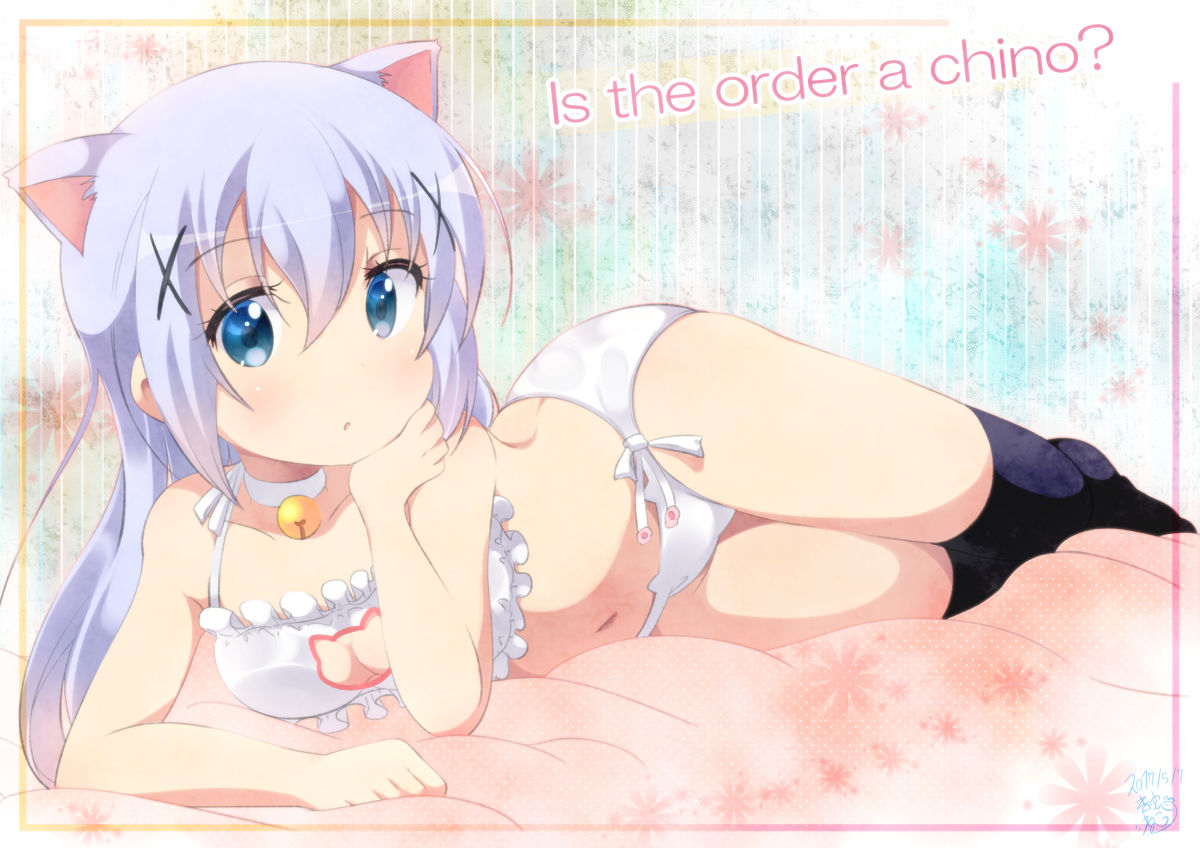 1girl :o animal_ears aosora_neko arm_rest artist_name bangs bed_sheet bell bell_choker black_legwear blue_eyes blush bra breasts cat_cutout cat_ear_panties cat_ears cat_lingerie character_name choker cleavage cleavage_cutout collarbone commentary_request dated english eyebrows_visible_through_hair flower frilled_bra frills full_body gochuumon_wa_usagi_desu_ka? groin hair_between_eyes hair_ornament hairclip hand_on_own_chin jingle_bell kafuu_chino kemonomimi_mode light_blue_hair long_hair looking_at_viewer lying meme_attire multicolored multicolored_background navel on_side panties parted_lips side-tie_panties sidelocks signature small_breasts solo striped thigh-highs title_parody underwear underwear_only vertical_stripes white_bra white_choker white_panties x_hair_ornament