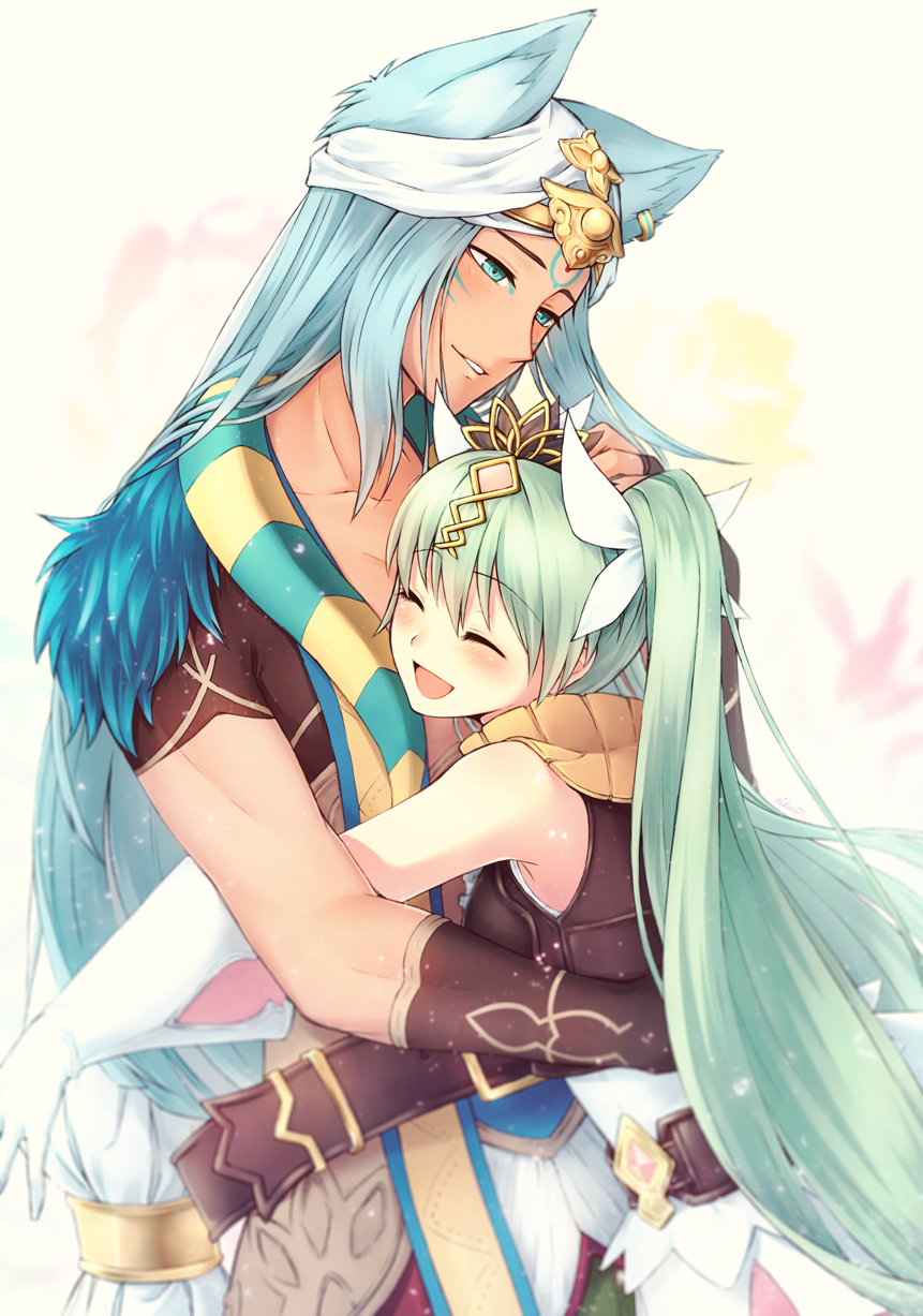 1boy 1girl :d ^_^ animal_ears belt blue_eyes blue_hair blush closed_eyes collarbone couple ear_clip eyebrows_visible_through_hair facial_mark fox_ears frey_(rune_factory) from_side gloves green_hair hair_between_eyes hair_ribbon hand_on_another's_back hand_on_another's_head highres leon_(rune_factory) long_hair niduca_(hio_touge) open_mouth outstretched_arm outstretched_arms parted_lips ribbon rune_factory rune_factory_4 smile twintails very_long_hair white_gloves white_ribbon