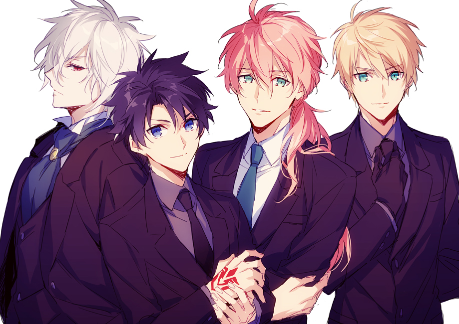 4boys adjusting_clothes adjusting_necktie ahoge alternate_costume artist_request black_gloves black_hair black_necktie blonde_hair blue_eyes character_request closed_mouth command_spell commentary_request edmond_dantes_(fate/grand_order) eyebrows_visible_through_hair fate/grand_order fate/prototype fate_(series) formal fujimaru_ritsuka_(male) gloves green_eyes green_necktie long_hair looking_at_viewer male_focus multiple_boys necktie orange_hair parted_lips ponytail red_eyes romani_akiman saber_(fate/prototype) simple_background suit upper_body white_background white_hair