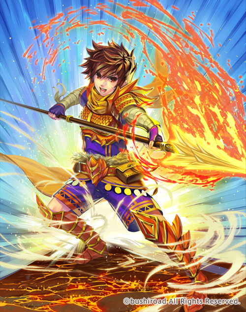 1boy armor armored_boots bandage boots brown_hair cardfight!!_vanguard company_name dragon_knight_sadegh fingerless_gloves fire full_body fur_trim gloves hmk84 male_focus official_art open_mouth polearm red_eyes scar solo spear teeth weapon